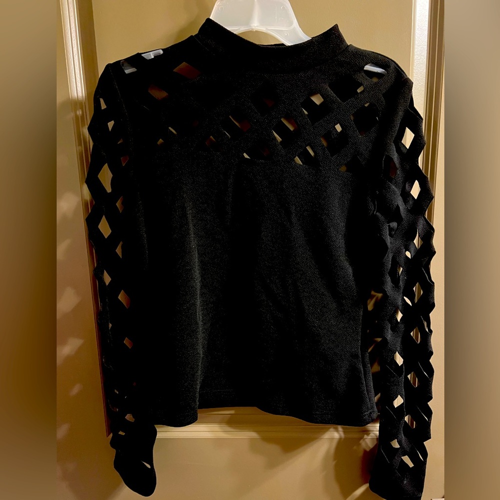 Stylish, long sleeve black, cut out spandex, black shirt